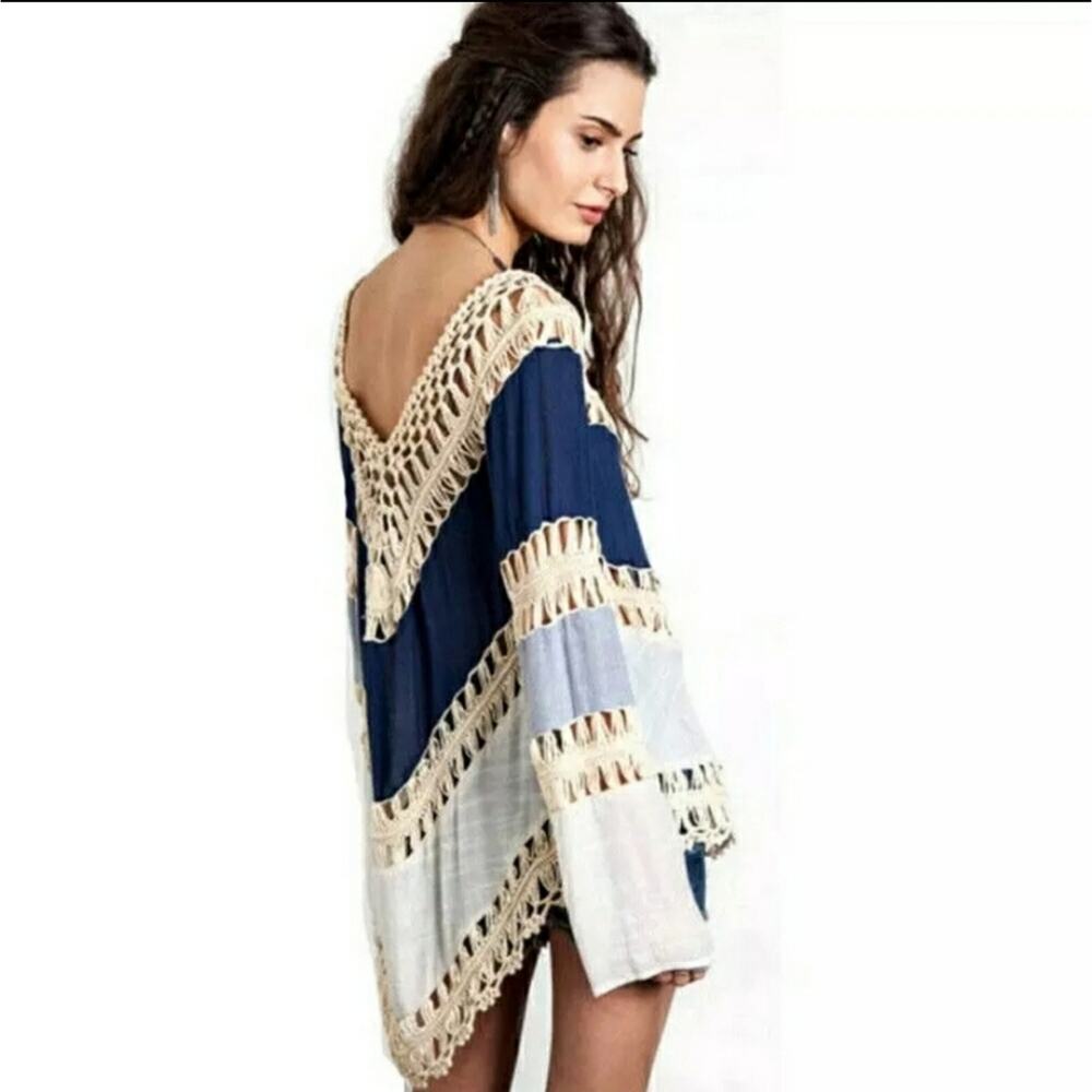 Crochet trim colorblock cover up top blue one size